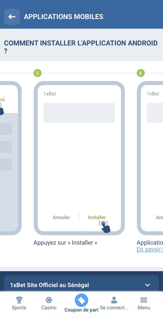 Étapes 5-6 : appuyer sur Installer pour confirmer l'installation 1xBet